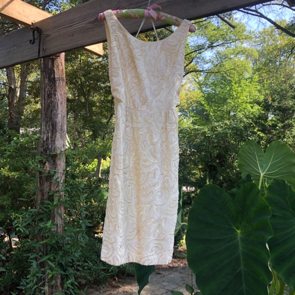 Cream sequined Wiggle Dress: circa 1960s Jr. Theme size 13, USA w/ discount S &H - Picture 3 of 5